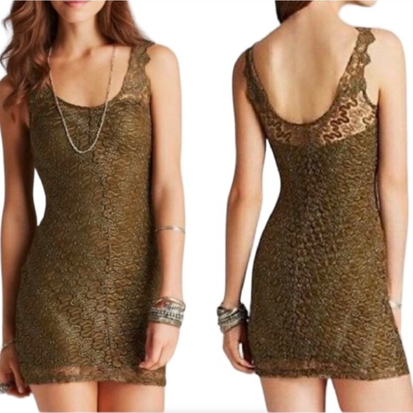 Free People Dresses & Skirts - FREE PEOPLE Foiled Again Olive Lace Bodycon Open Back Boho Mini Dress Size XS